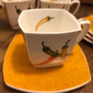 Queen’s jalapeño demitasse fine bone china. Made in India. 4 cups, 4 saucers